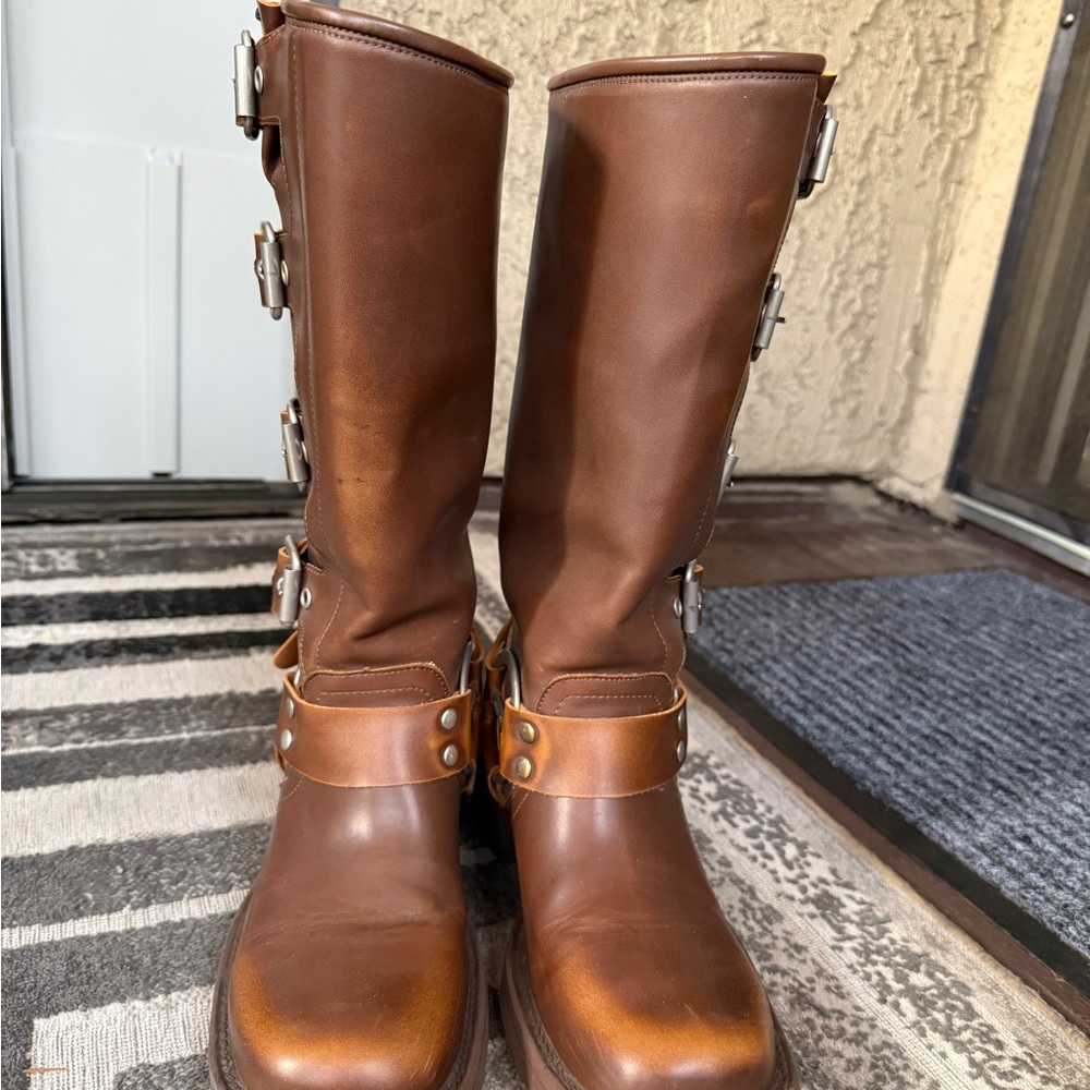 Miu Miu Tan Leather Moto Boots